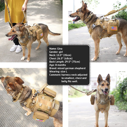 Forestpaw Tactical Dog Harness for Large Dogs,Tactical Dog Collar with Bungee Leash Set,No Pull Military Dog Harness for Walking Training,Adjustable for Medium Large Dogs,Khaki,Chest 21.5-45"