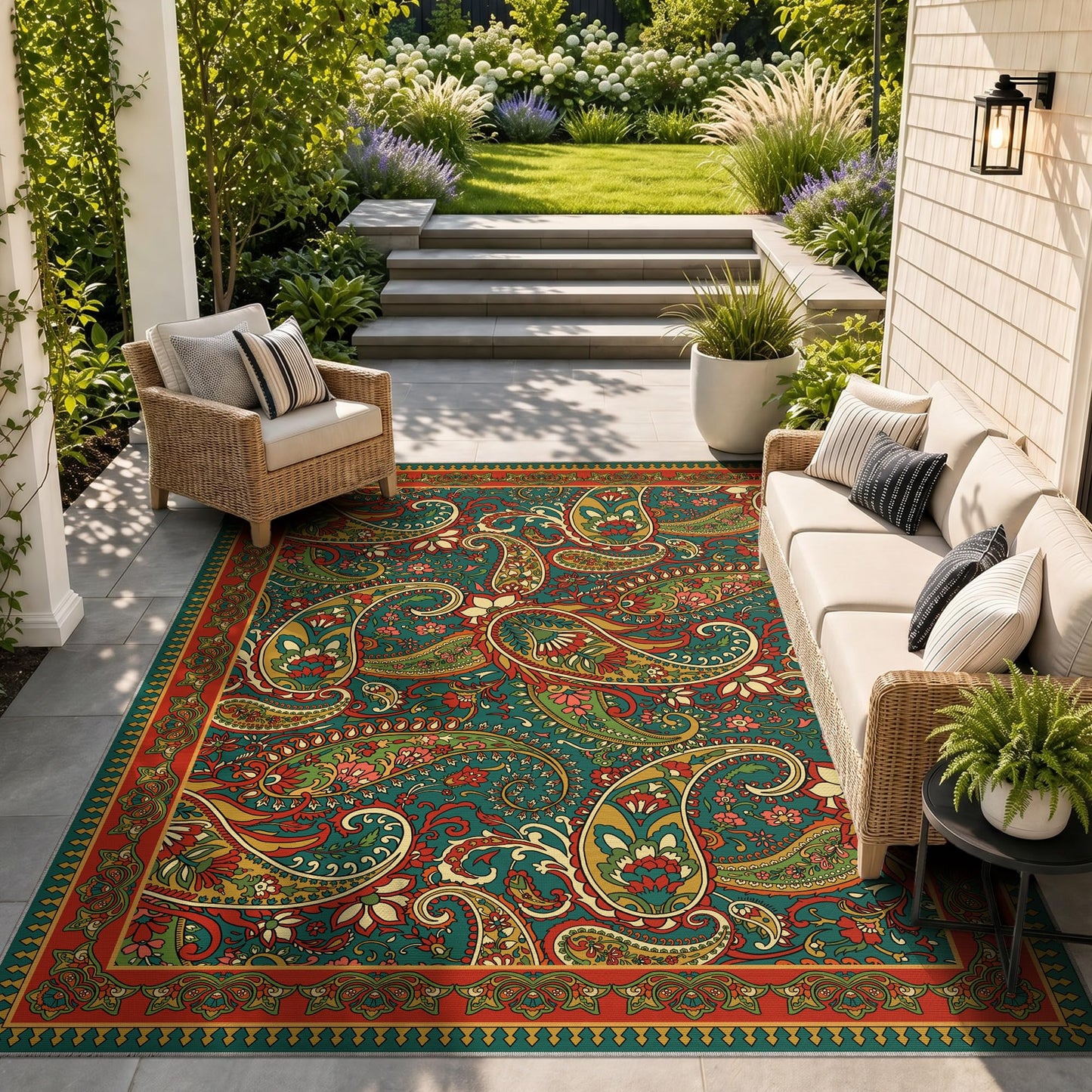 Arenarug Paisley Outdoor Rug Waterproof 5x8, UV Resistant Non Slip Patio Rug, Indoor Outdoor Boho Camping Rug Linen-Look RV Carpet for Deck Balcony Backyard, Terracotta