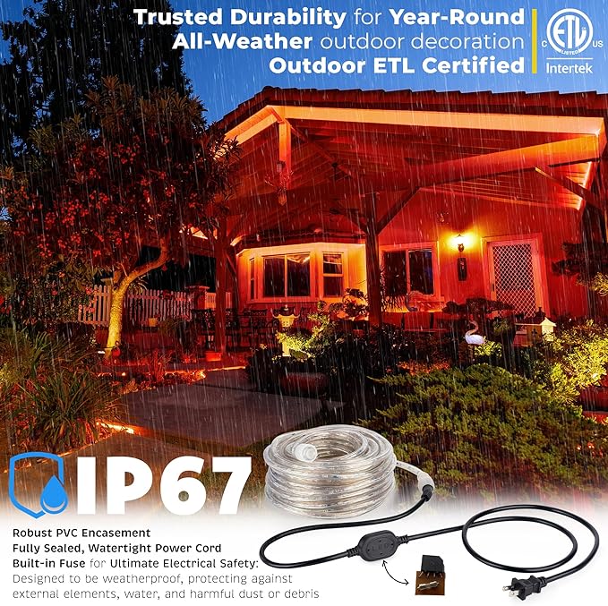 WYZworks 3312LEDs 300ft LED Outside Rope Lights, Outdoor ETL Certified Waterproof Permanent 360 Degree Flexible Bend & Light Emitting, Connectable, Christmas Palm Tree Exterior Landscape, Orange