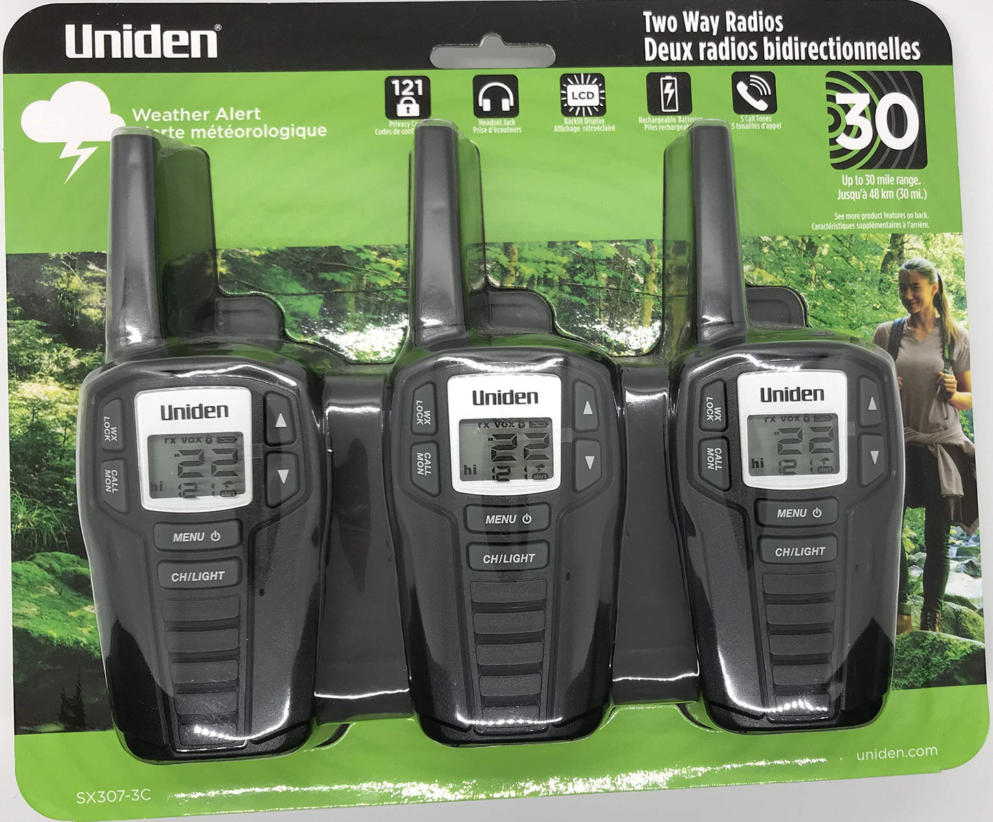 Uniden SX307-3C FRS 3-Pack, Up to 30-Mile Range, Walkie Talkies, 22-Channel FRS 2-Way Radios - Black