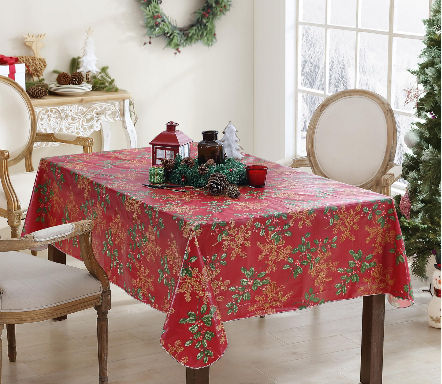 Newbridge Red Golden Holly Christmas Vinyl Tablecloth with Flannel Backing, Metallic Gold Holly & Berry Print, Wipe Clean Easy Care, 52 x 52 Inch Square