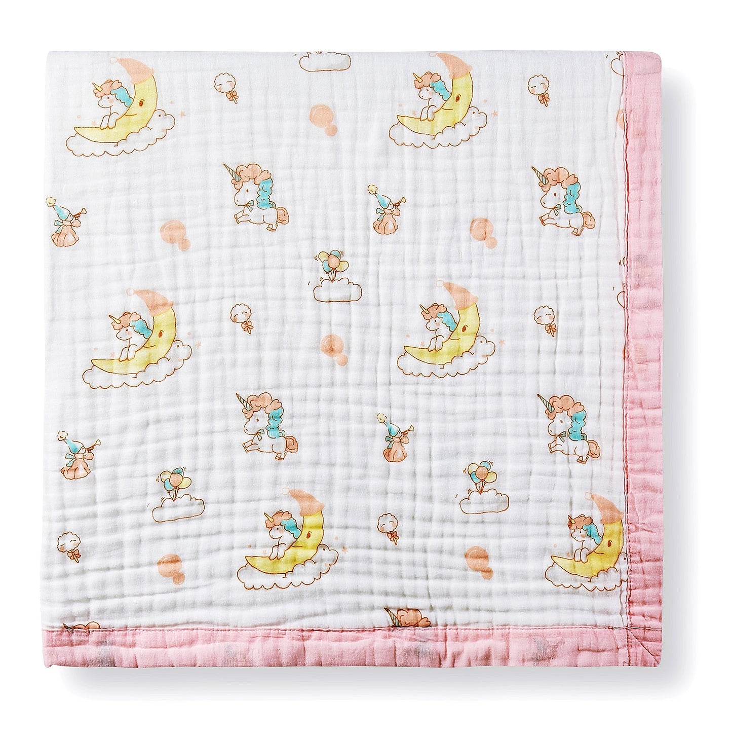 Jay & Ava Soft Cotton Muslin Blanket, 42' x 42', 4 Layers Bed Throw for Toddler, Large Baby Receiving Blanket - Pink Moon Unicorn