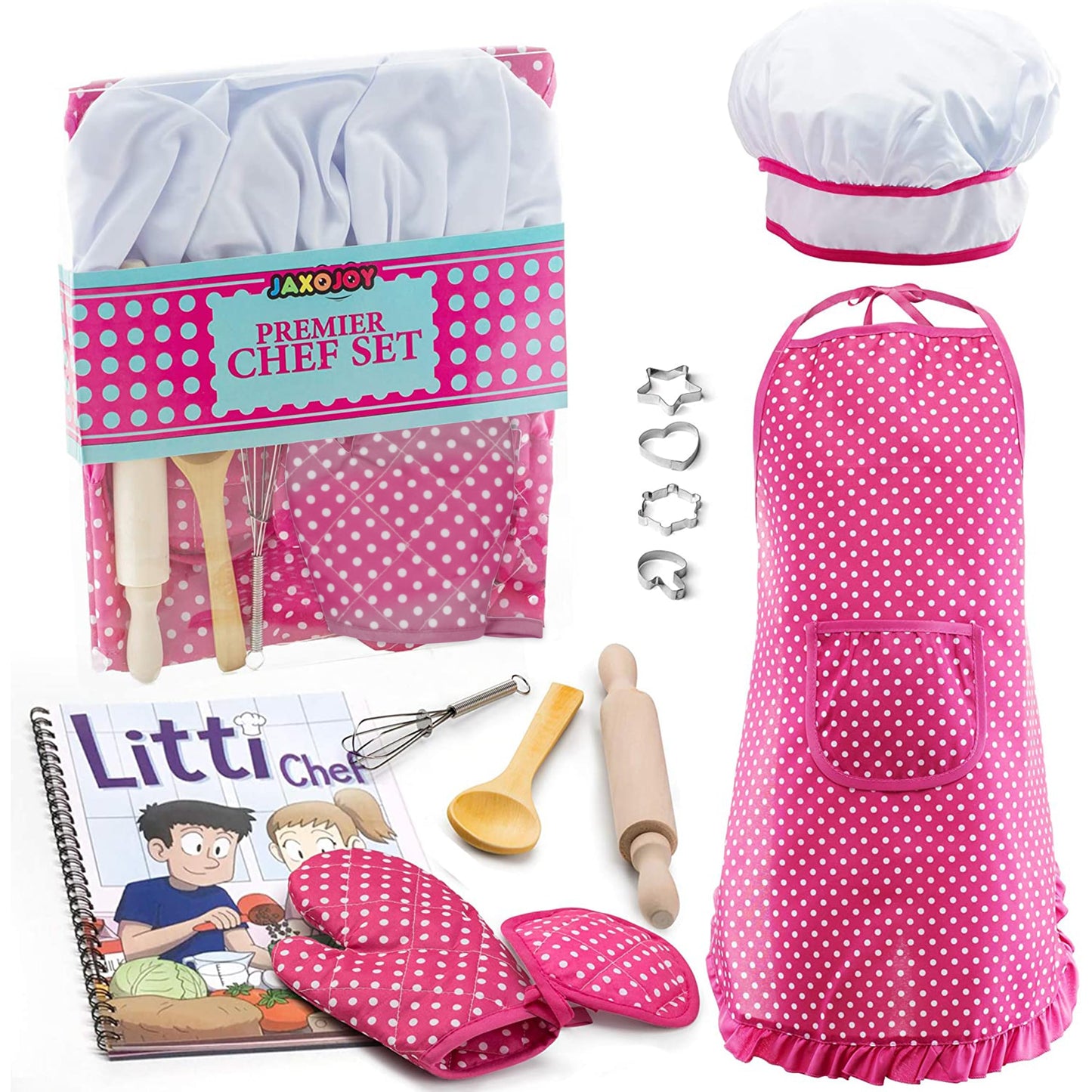 JaxoJoy Kids Cooking and Baking Chef Set for Little Girls, Complete Cooking Sets, Toddler Dress Up and Pretend Play Dress Up Clothes for Girls, Kitchen Toys 3-5 Years Old with Kids Aprons