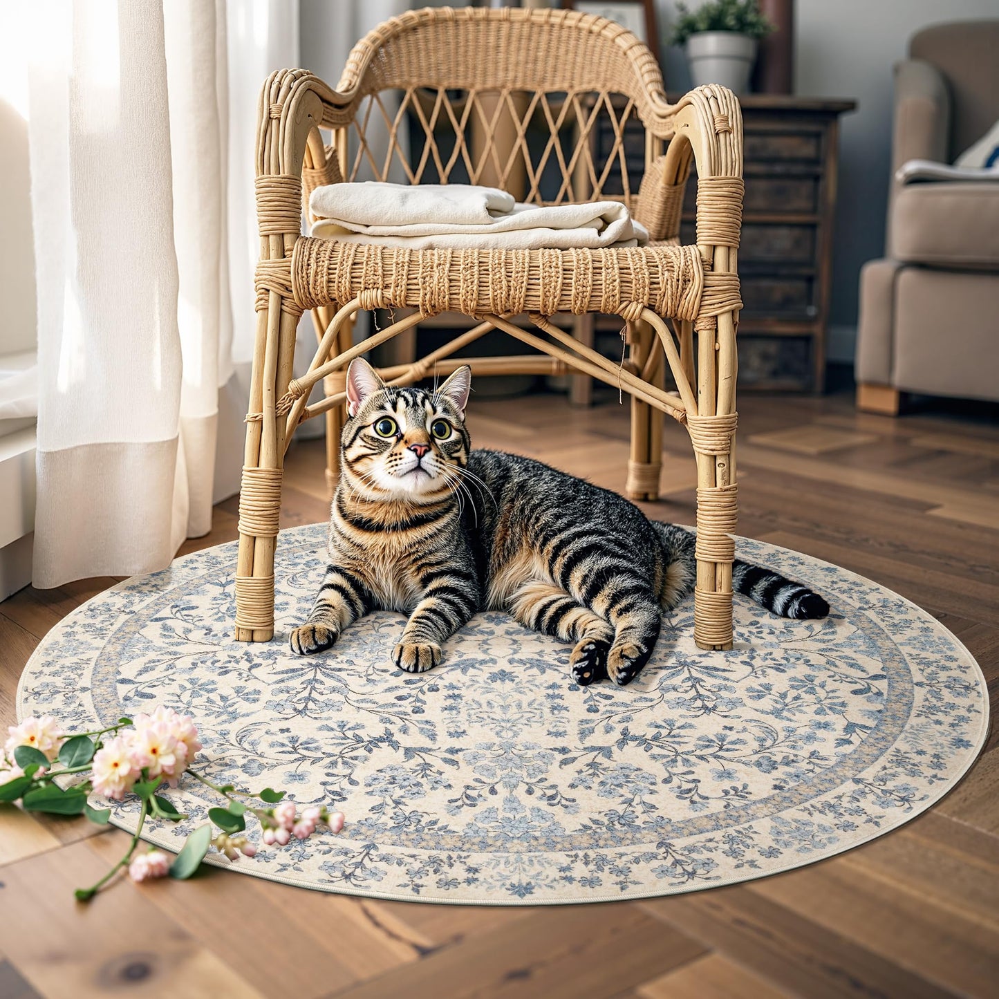 jinchan Zenith Round Rug 4ft Area Rug Soft 4'Round Floral Aesthetic Rug Non-Slip Low-Pile Machine Washable Carpet for Entryway Bedroom Kids Room Kitchen College Dorm Blue/Cream