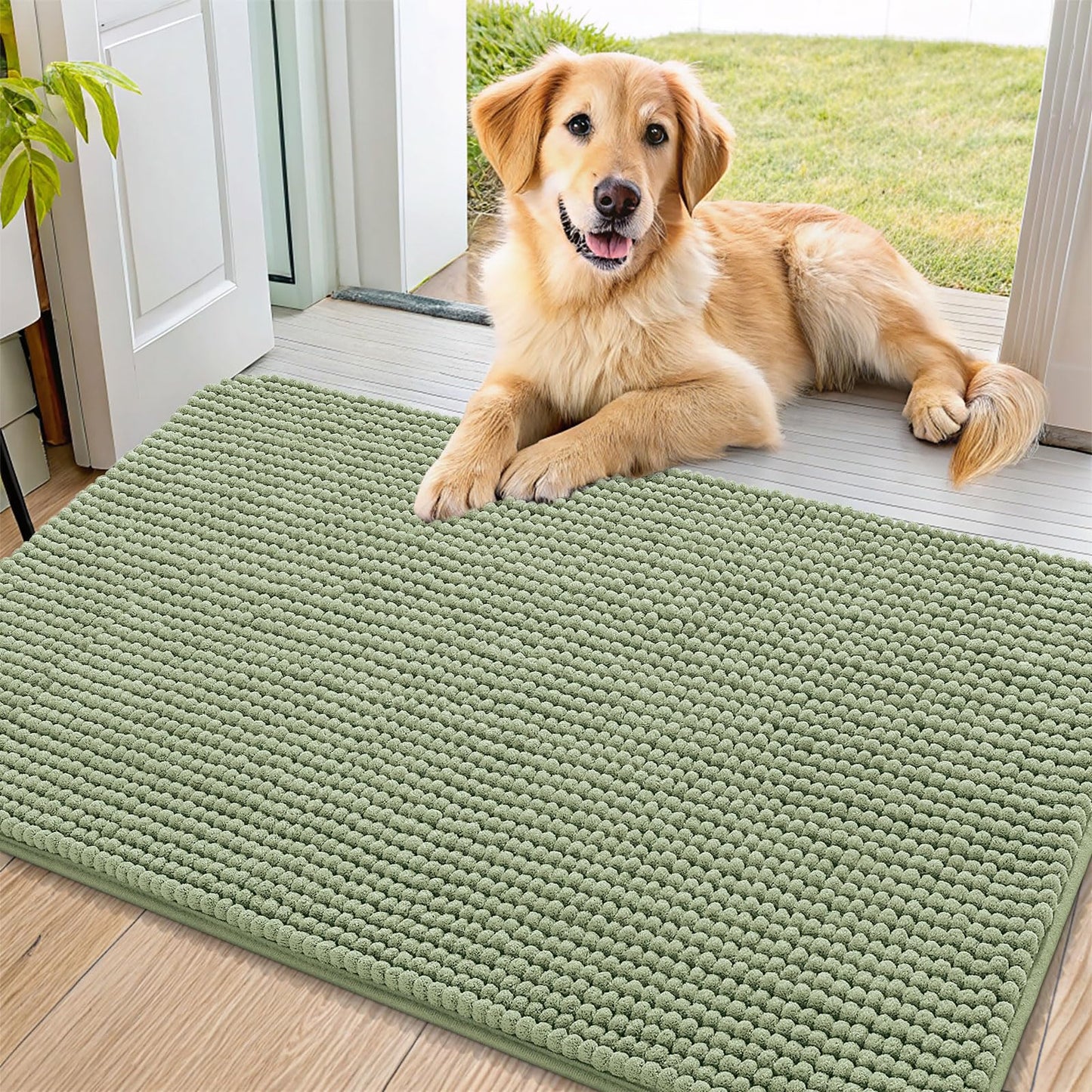 Smiry Dog Door Mat for Muddy Paws 36x24, Absorbent Microfiber Dirt Trapper Pet Doormat, Non-Slip Washable Quick Dry Chenille Front Door Mat, Entryway Rug for Indoor and Outdoor, Sage Green
