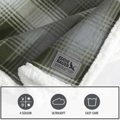 Eddie Bauer - Throw Blanket, Brushed Fleece & Plush Sherpa Soft Blanket, Throw Blanket for Couch & Bed (Nordic Plaid Green, 50" x 70")