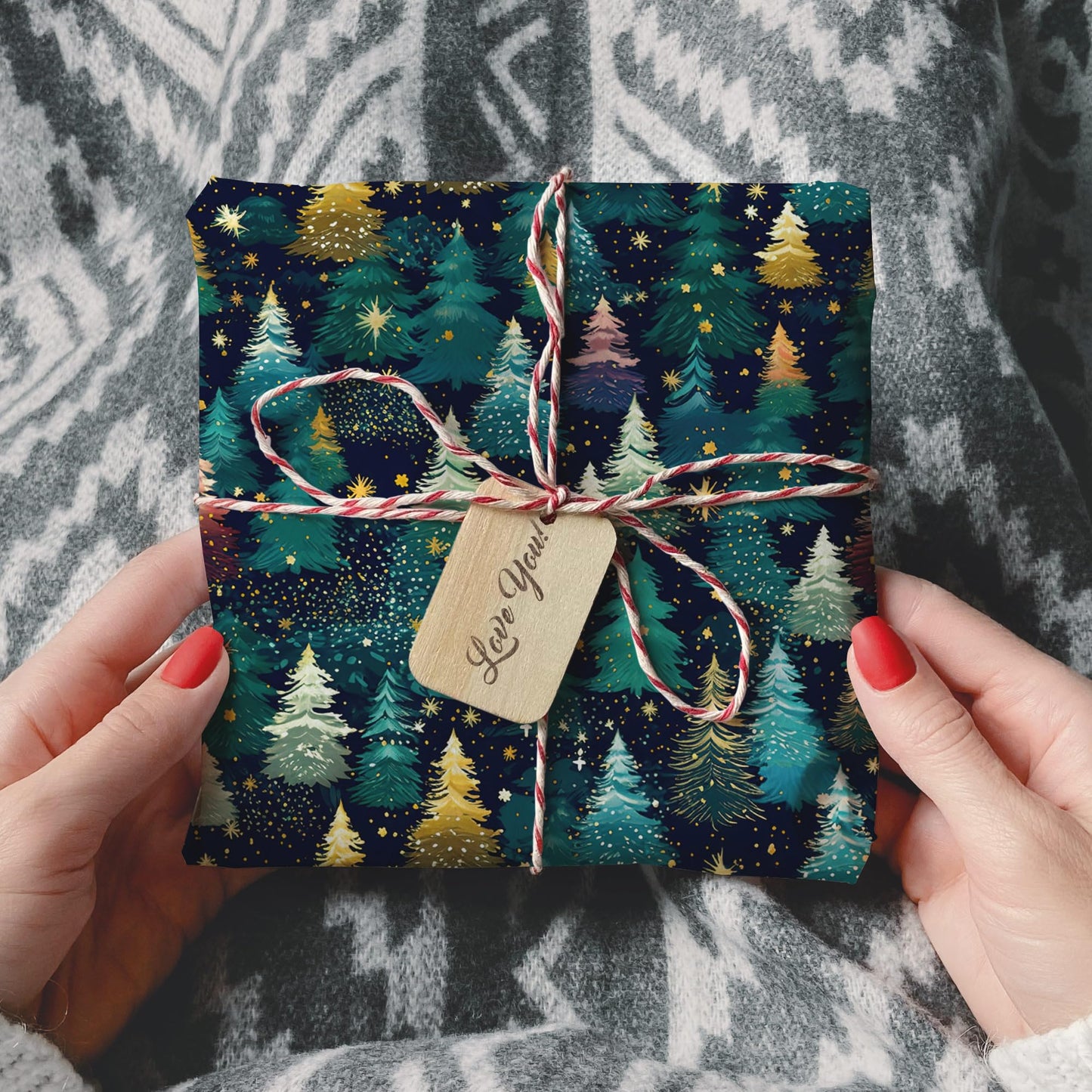 SaringSwoon Christmas Tree Wrapping Paper for Kids Adults - Xmas Wrapping Paper with Starry Night Sky, Christmas Trees and Stars Designs for Winter Holiday - 40×28 Inches, 4 Folded Sheets