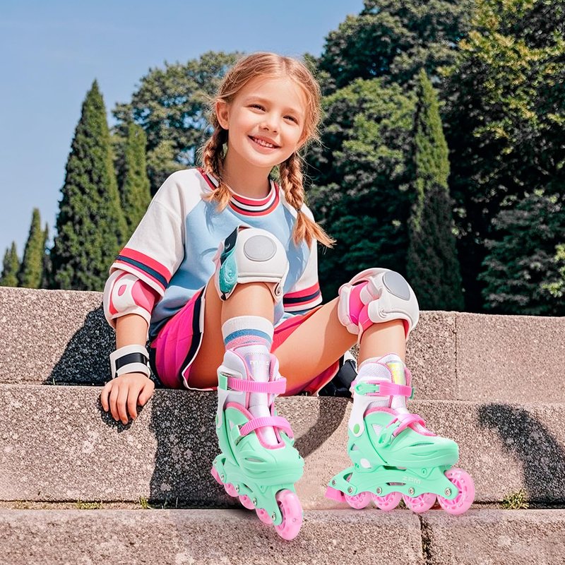 2PM SPORTS Inline Skates for Kids Ages 4-8 8-12 with Light Up Wheels, Adjustable Kids Roller Skates Blades for Youths Toddlers Beginners Indoor Outdoor - Green Large