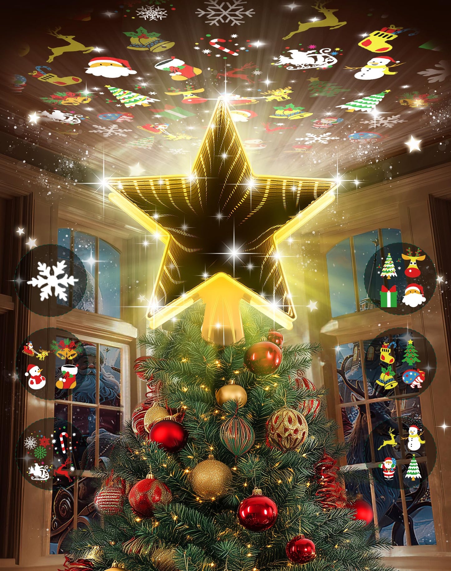 Christmas Tree Topper with 6 Projection Modes, Christmas Star Tree Topper with Built-in Rotating Projector, 104 LED Warm Lights 3D Tunnel Dynamic Lighting Effect Christmas Tree Decoration