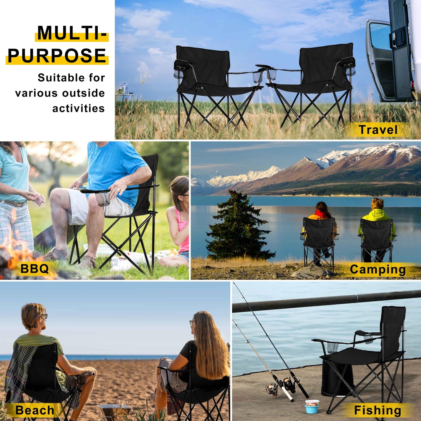 Joyfair Portable Camping Chair, Outdoor Lawn Folding Chairs for Adults, Heavy Duty Large Foldable Chairs for Beach, Fishing, Tailgating and More Outdoor Sport, Carry Bag & Cup Holder (2, Black)