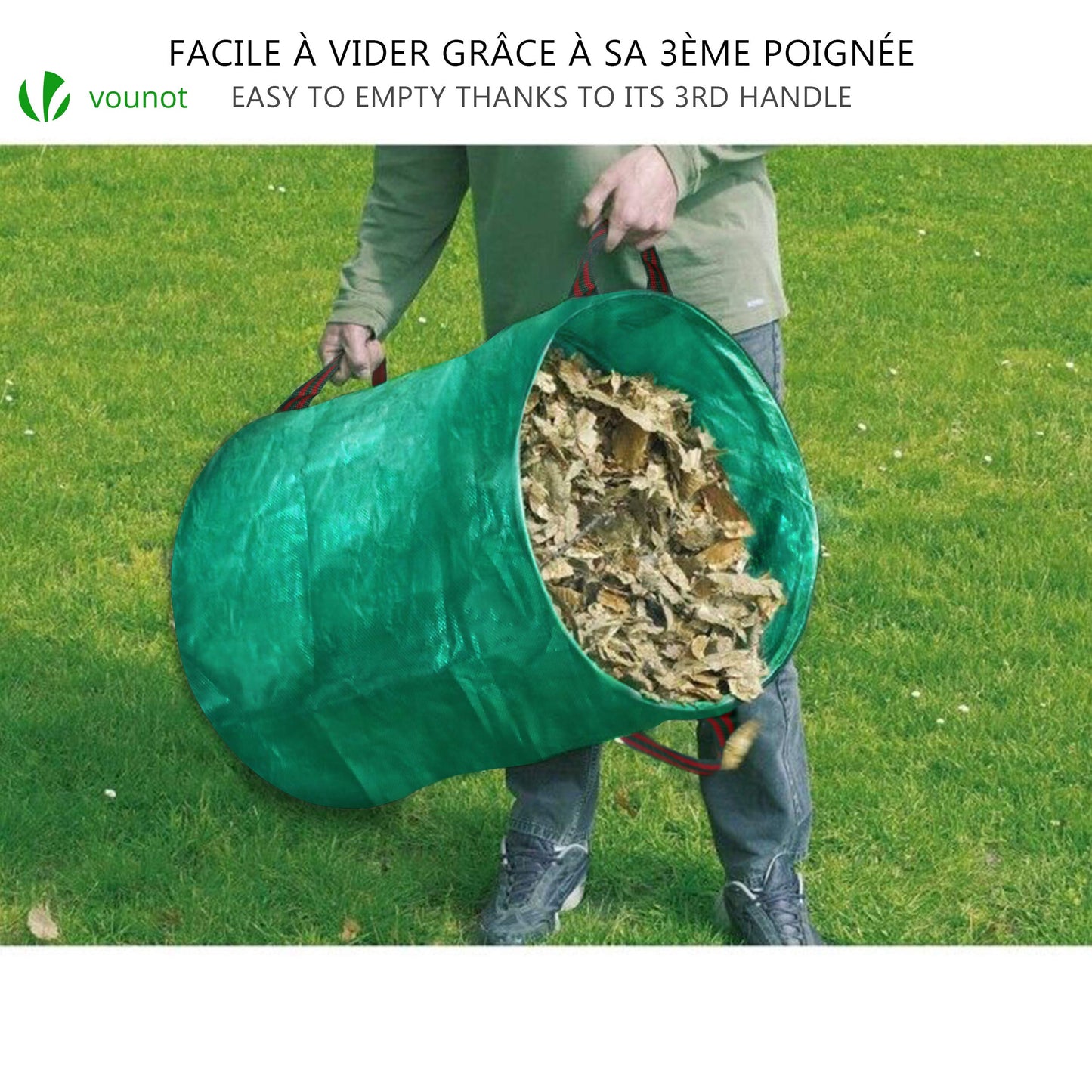 VOUNOT® Set of 3 Garden Waste Bags, 272 L Heavy Duty Reusable Garden Refuse Bags with Handles, Green