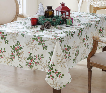 Newbridge Christmas Golden Holly Vinyl Tablecloth with Flannel Backing, Metallic Gold Holly & Berry Print, Wipe Clean Easy Care, 60 x 84 Inch Rectangle