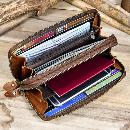 LUUFAN Men's Genuine Leather Clutch Bag Double Zipper Purse 4 Interlayer Zip-Around Wallet (Brown 4)