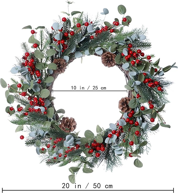 20 Inches Christmas Wreath Winter Wreaths Holiday Christmas Wreaths for Front Door Christmas Berry Wreath with Pine Needles Pine Cones Red Berries for Window Indoor Outdoor Winter Decorations