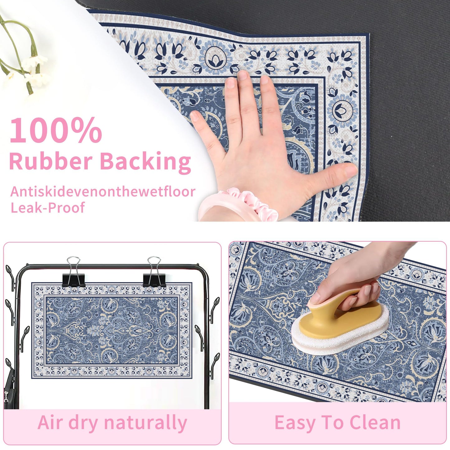 Blue Floral Pet Feeding Mat, Absorbent Dog/Cat Food Mat for Food and Water Bowl, Non-Slip Quick Dry Pet Placemat Floor Protector for Messy Drinkers(12 x 20 in)