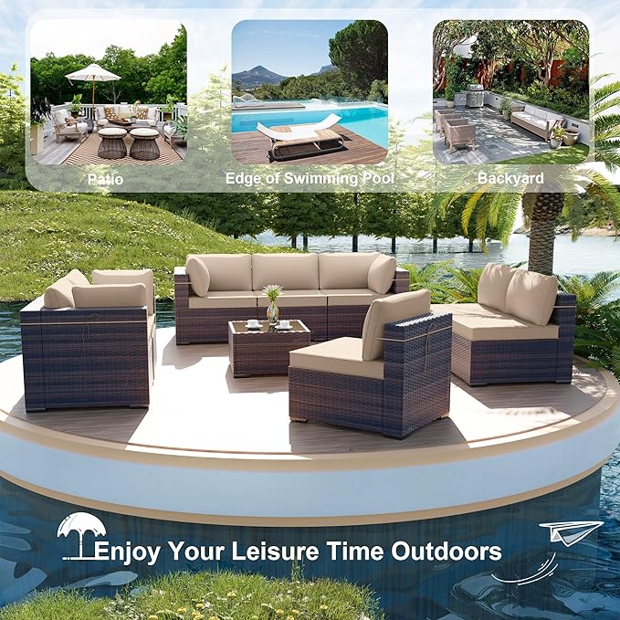 ALAULM 9 Pieces Patio Furniture Set Outdoor Sectional Sofa Sets Brown PE Rattan Patio Conversation Sets w/8 Sand Seat Cushions and 1 Coffee Table