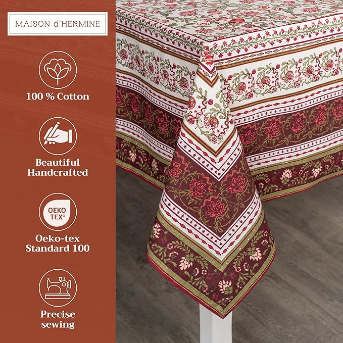 Maison d' Hermine Table Cloth Rectangle Table 100% Cotton 60 x 108 Inches Fall Tablecloth Reusable Everyday Use for Thanksgiving Christmas Decorations Dining Farmhouse Party (Reveillon Au Jardin)