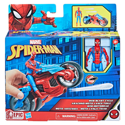 Marvel Spider-Man Web Blast Cycle, 4-Inch Action Figure with Vehicle and 2 Web Projectiles, Kids Playset for Ages 4 and Up