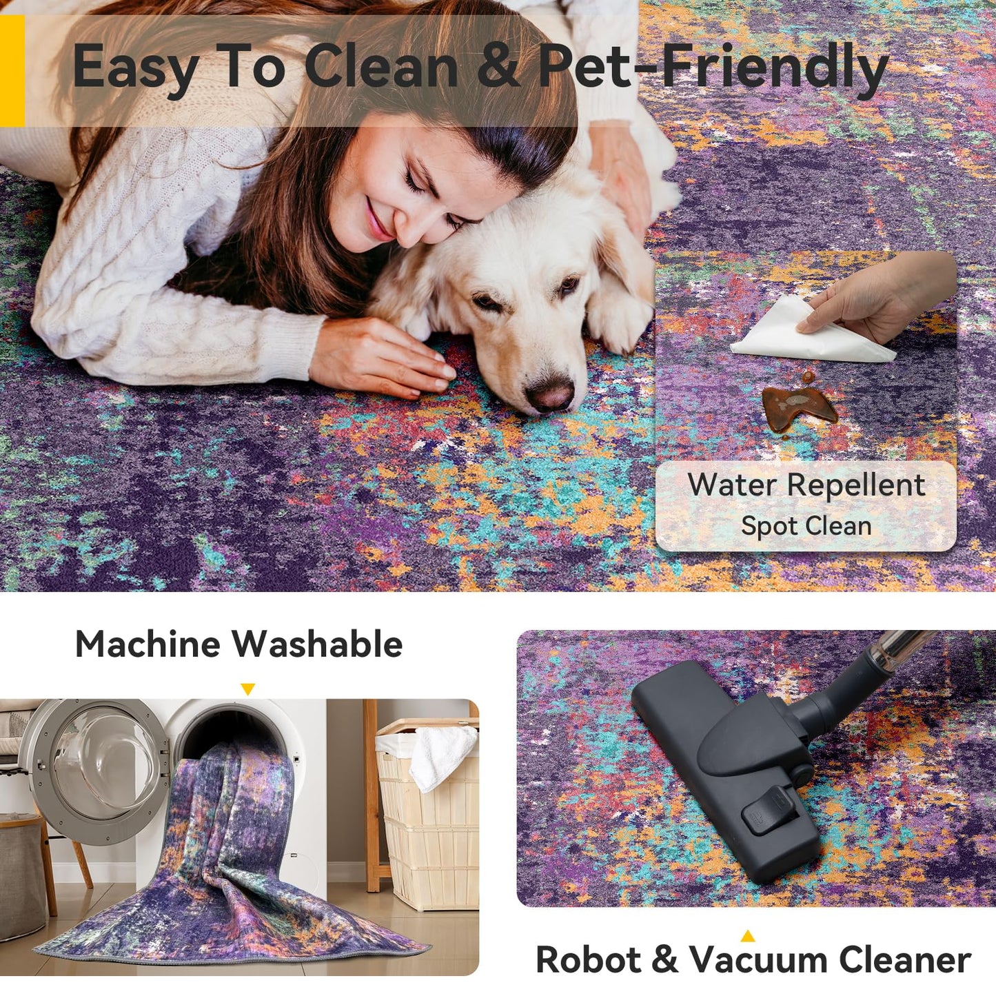 RELEANY Washable Area Rugs 5'x7' Non-Slip Modern Abstract Soft for Living Room Entryway Bedroom Kitchen, Print Pattern, Purple Orange Blue Green Rust Red Colorful