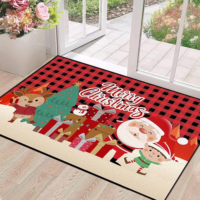 Plaid Christmas Area Rug, Snowflake Rug, Xmas New Year Gift Door Mat for Bedroom Living Room Kitchen, Merry Christmas Indoor Floor Mats for Holiday Festive Decoration,63" X 31"