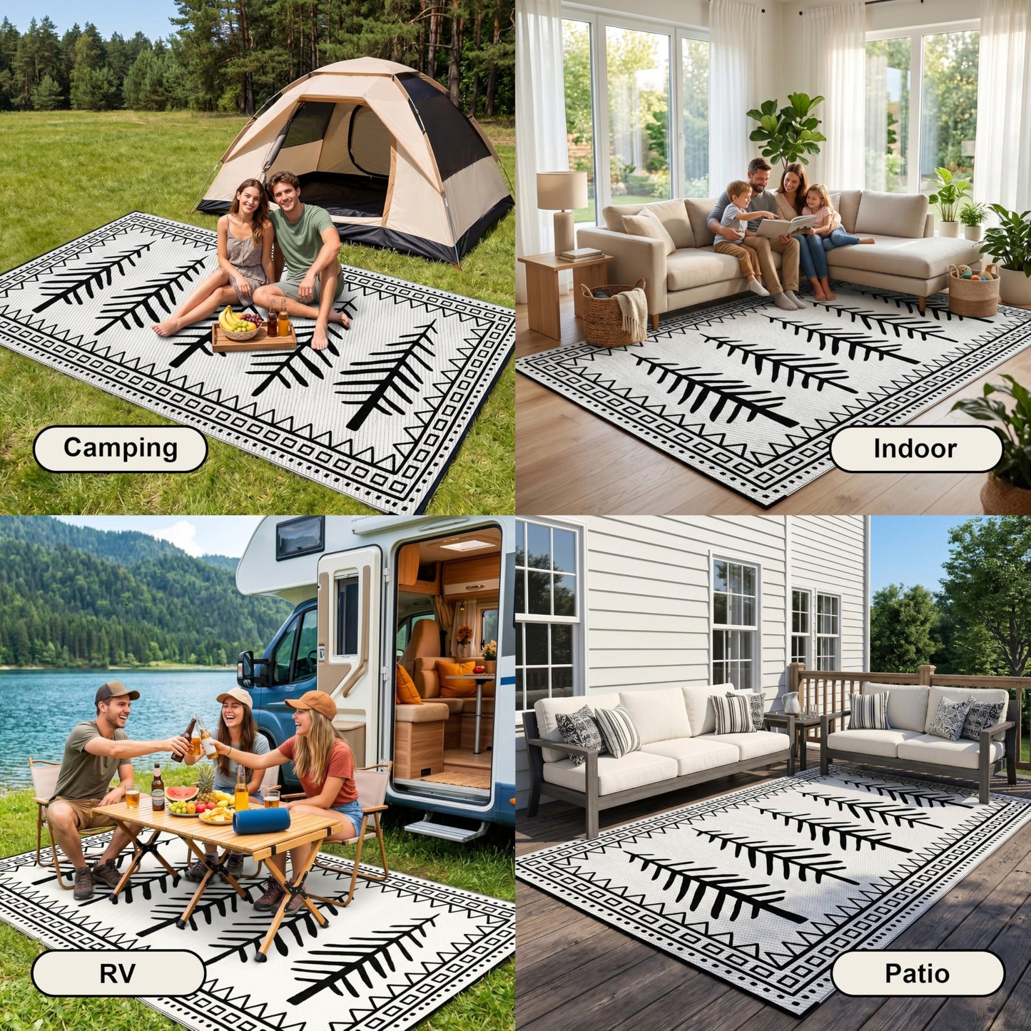 CircleRoad RV Outdoor Rug 9x12 Waterproof Patio Rug Mat with 4 Stakes UV Resistant Reverisble Plastic Straw Outdoor Rug with Carry Bag for RV Camping Picnic Beach