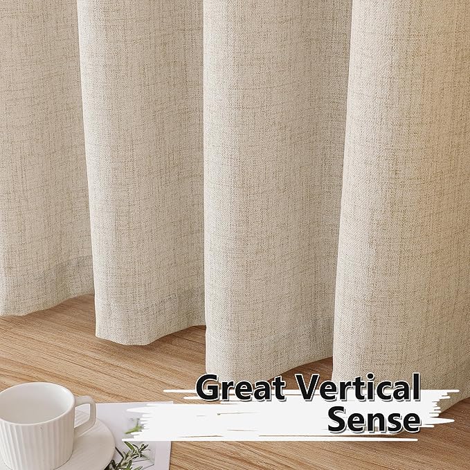 Tollpiz Short Linen Curtains Bedroom Rod Pocket Semi Sheer Curtain Burlap Light Filtering Thick Linen Drapes for Living Room, 38 x 45 inches Long, Natural, Set of 2 Panels
