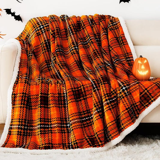Touchat Sherpa Halloween Plaid Throw Blanket(60" X 70", Plaid Orange), Fuzzy Fluffy Cozy Soft Blanket, Fleece Flannel Plush Twin Size Microfiber Blanket for Couch Bed Sofa