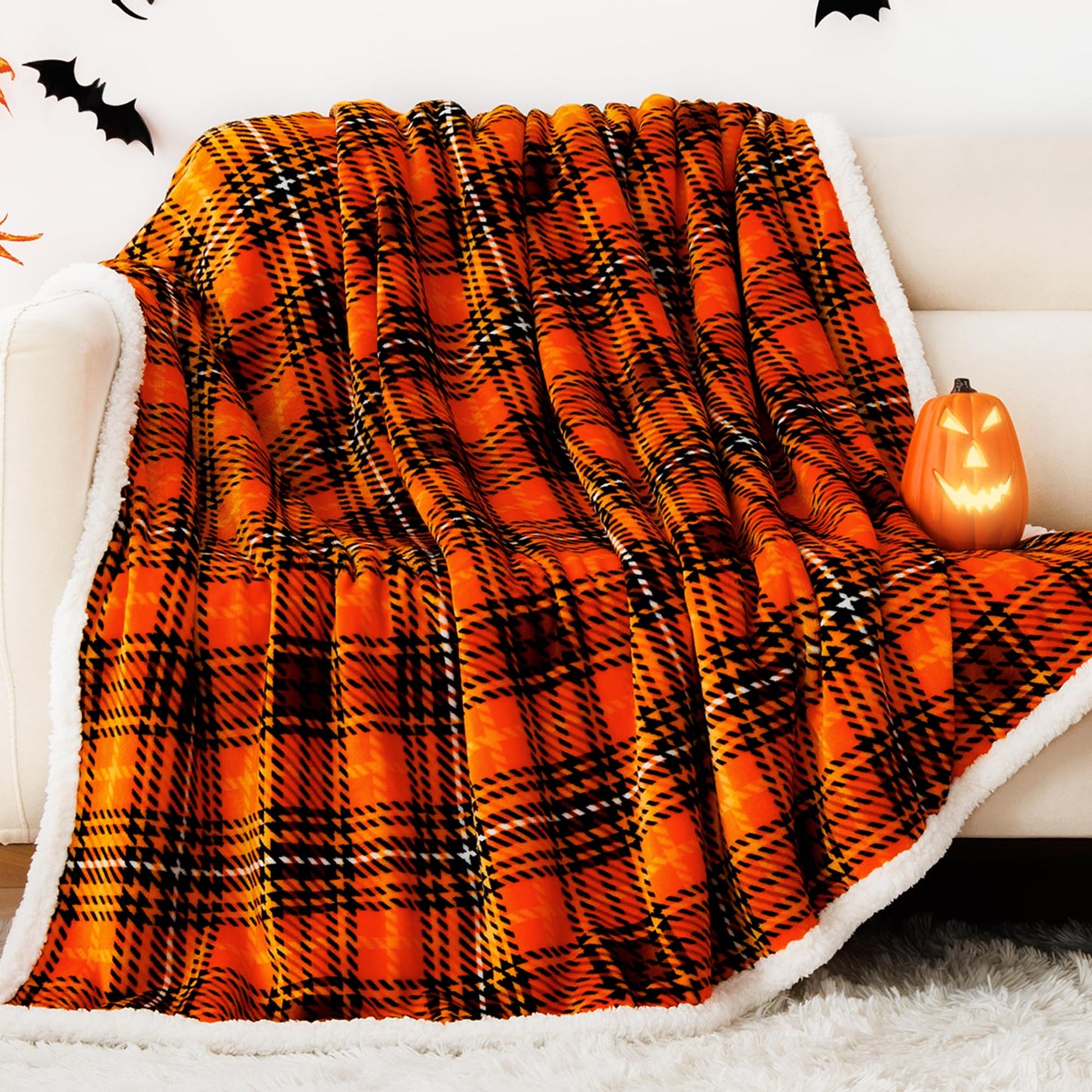 Touchat Sherpa Halloween Plaid Throw Blanket(60" X 70", Plaid Orange), Fuzzy Fluffy Cozy Soft Blanket, Fleece Flannel Plush Twin Size Microfiber Blanket for Couch Bed Sofa