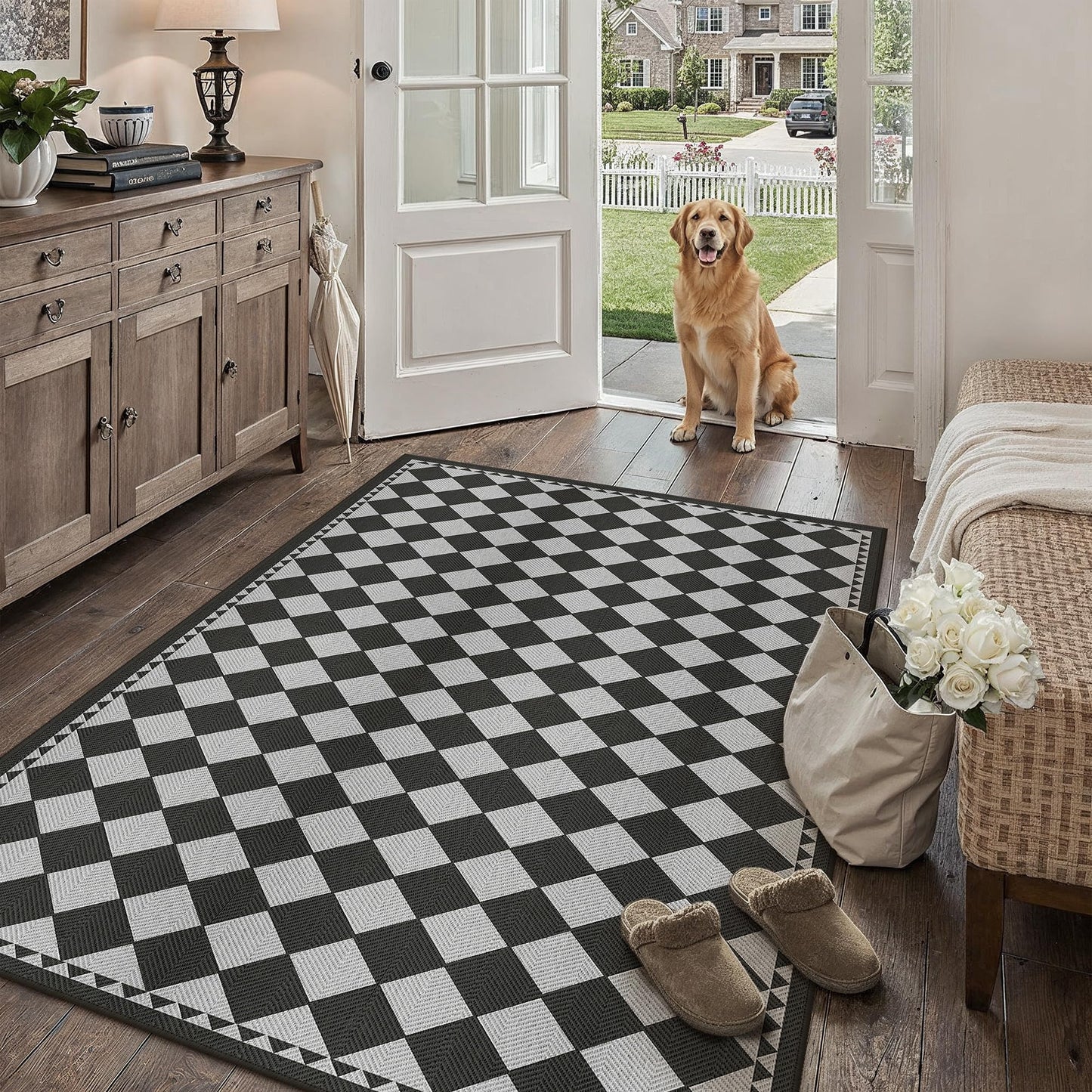 HUGEAR 5x7 Outdoor Rug Black/Grey Linen-Look Fabric Checkered Area Rug High Traffic Stain Resistant Easy Clean Durable Rugs for Indoor/Outdoor Patio Deck Balcony Porch Garden Courtyard