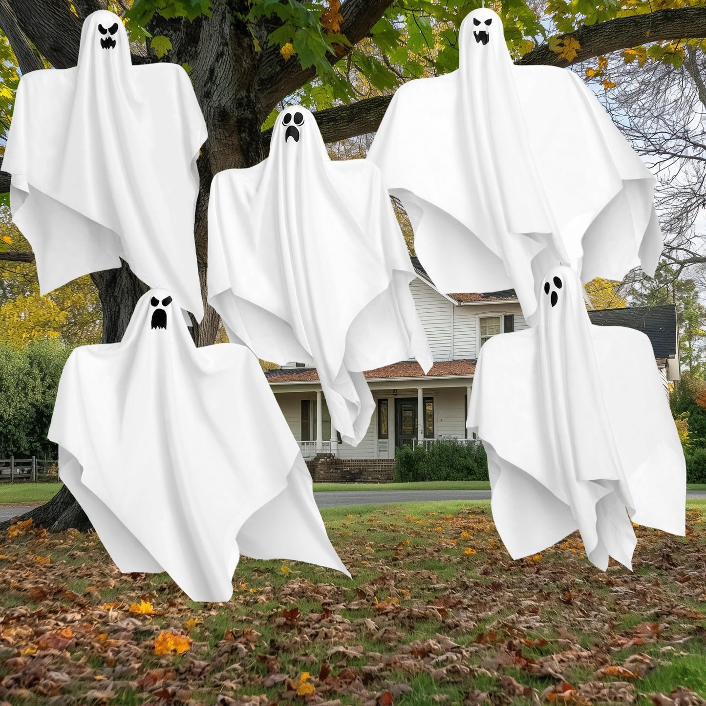 JOYIN 27.5" Halloween Hanging Ghosts Outdoor Decoration(5 Pack), Cute Flying Ghost for Halloween Front Yard Patio Lawn Garden Party Décor and Holiday Hanging Decorations