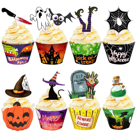 164PCS Halloween Cupcake Toppers Wrappers - Spider Web Pumpkin Zombie Hand Cake Party Decorations Supplies