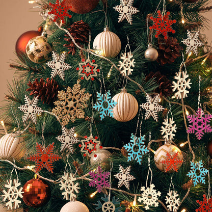 100 Pcs Christmas Unfinished Wooden Snowflake Ornaments Snowflake Hanging Cutouts Blank Wood Slices with Cord Craft Embellishments for Xmas Tree Decorations