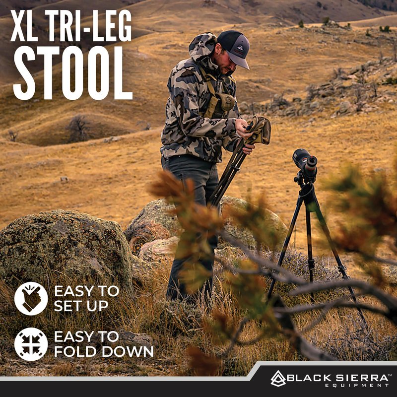 Black Sierra Folding Hunting Stool with Shoulder Strap, Lightweight Collapsible Tripod Seat, Steel Frame Supports 225 lbs, Portable Foldable Chair for Hunting Blind, Fishing, Hiking, Travel