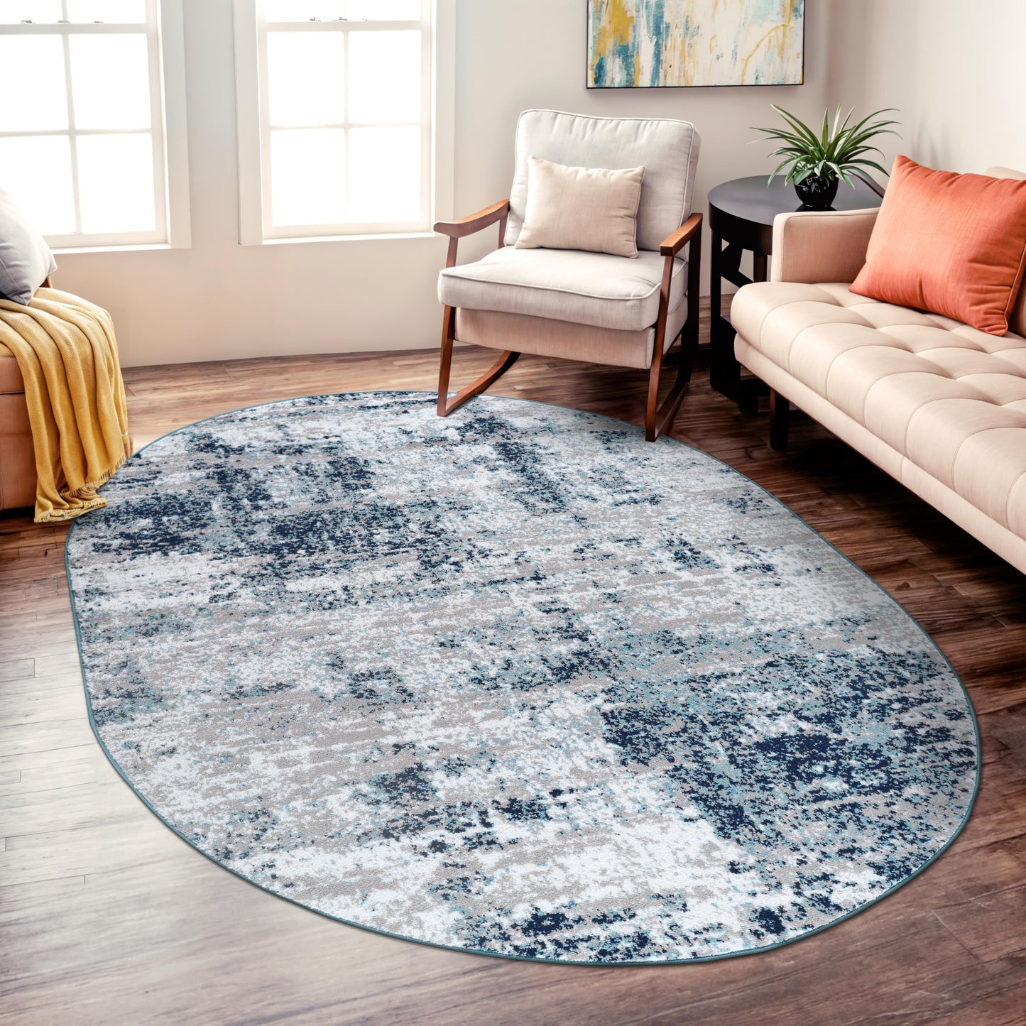 Rugshop Modern Distressed Blue Abstract Oval Area Rug Bohemian Inspired for Dining Room, Living Room and Bedroom 5' x 7' Oval