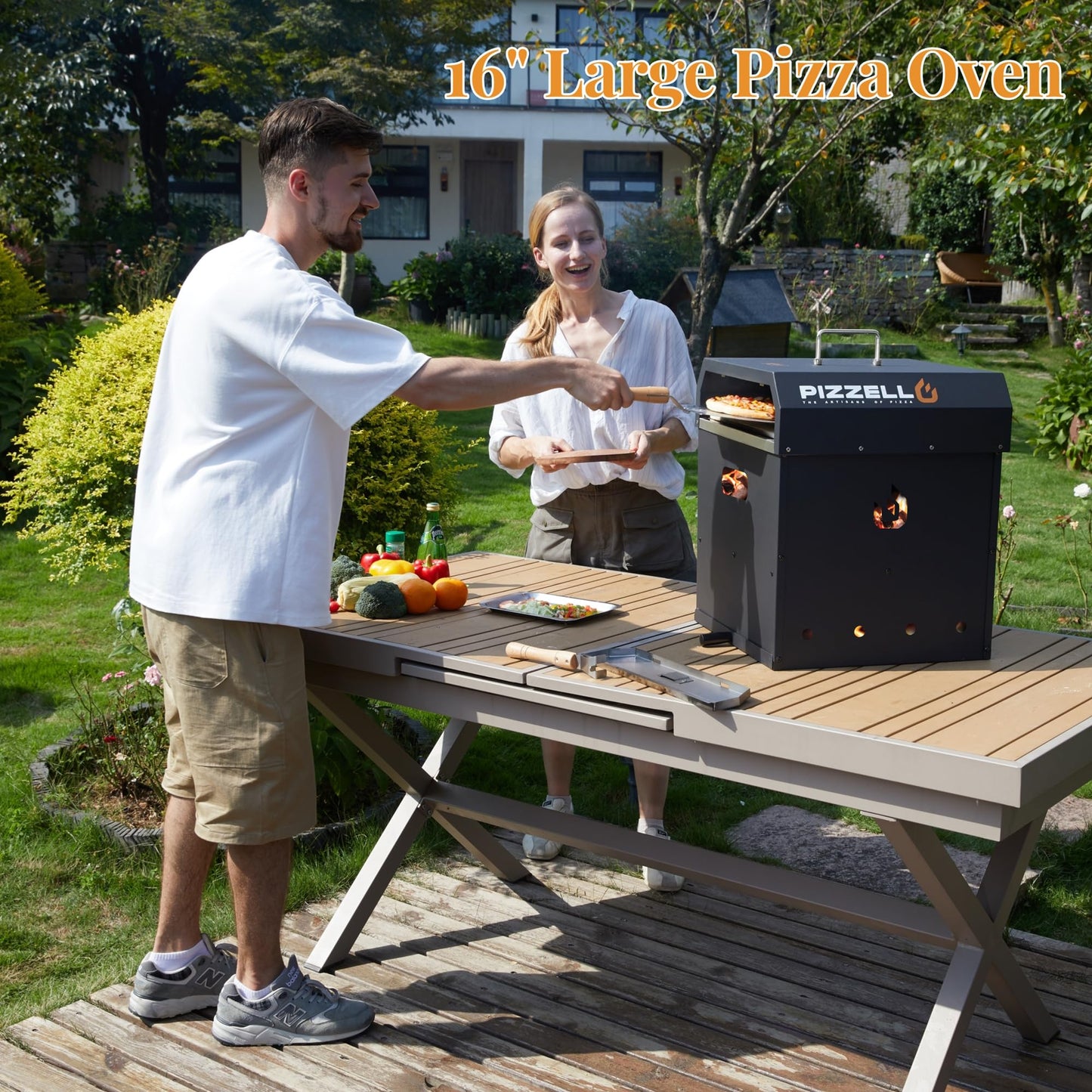 PIZZELLO Outdoor Pizza Oven Large 4-in-1 Wood Fired Outside Oven 2-Layer Detachable Pizza Maker with Pizza Stone, Pizza Peel, Cover, Cutter, BBQ Grill Grate, Pizzello Gusto 16"