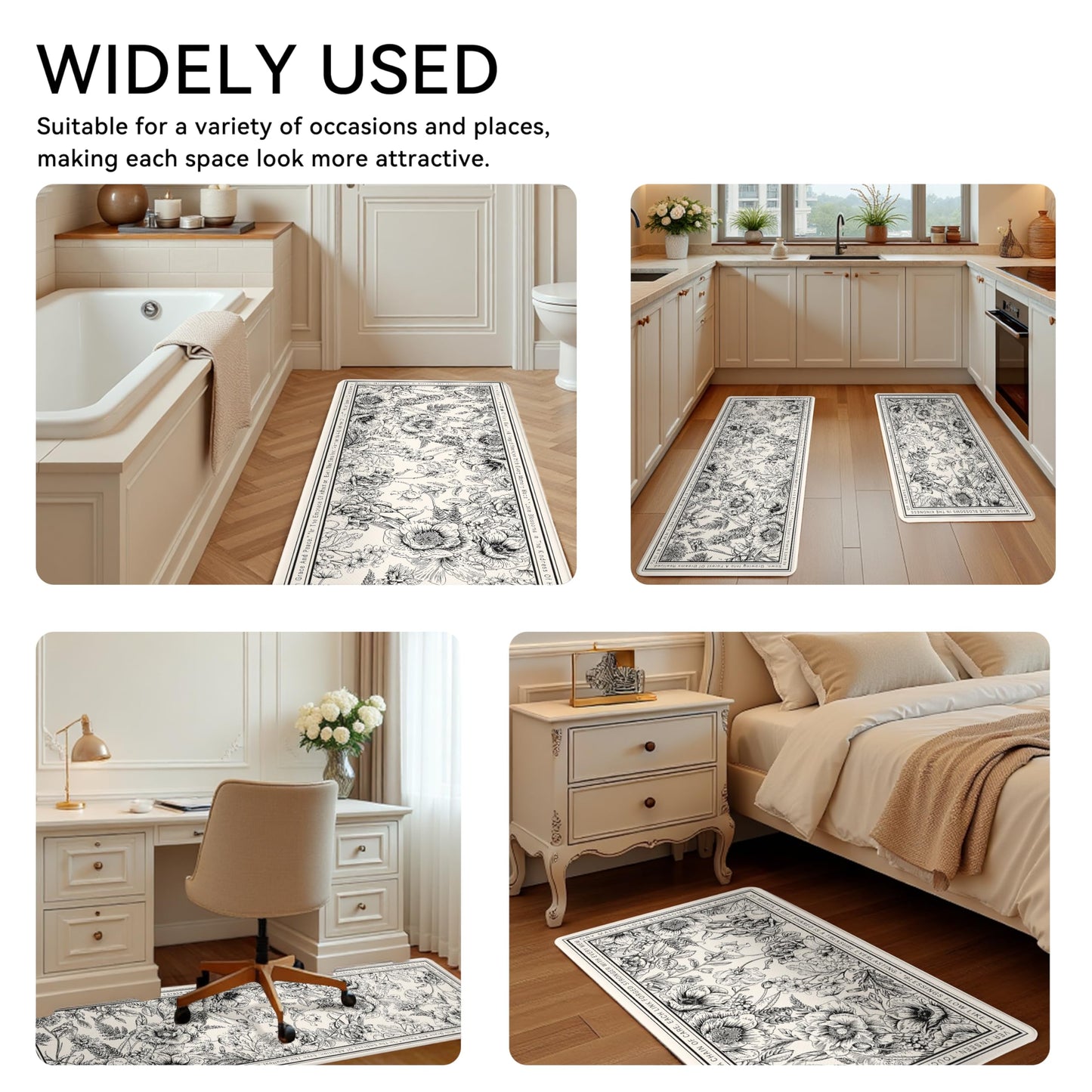 Scalloped Beige Minimalist Black Line Floral Kitchen Rug Sets [2 PCs], Anti-Fatigue, Waterproof Non-Slip Kitchen Mats Heavy Duty Comfort Foam Rug for Kitchen, Floor, Laundry,17.3"x29"+17.3"x47"