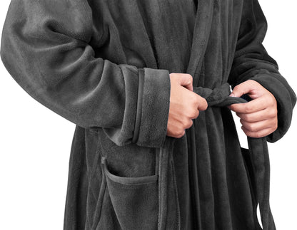 NY Threads Luxury Men’s Hooded Dressing Gown Super Soft Men’s Fleece Robe Cozy Hooded Plush Loungewear, Large, Dark Grey