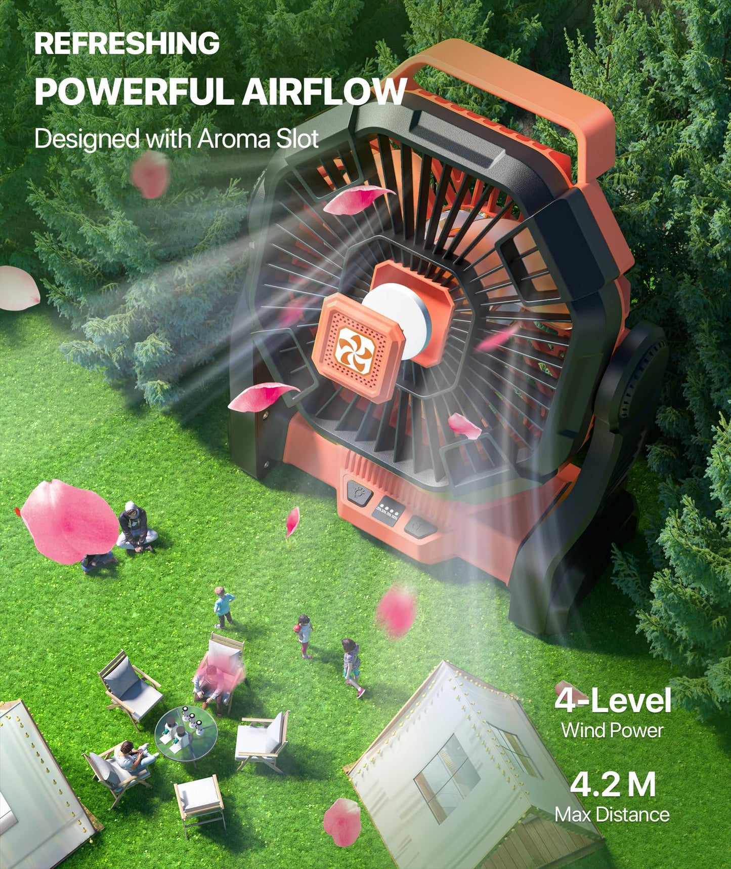 Doviluxe Camping Fan Battery Powered -12000mAh Portable Rechargeable Fans Light, Battery Operated Fan for Camping Hook 4 Speed Quiet Cordless USB Personal Cooling for Desk Home Beach Tent BBQ