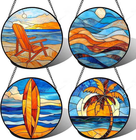 Stained Glass Window Hanging 4 Pcs Set Blue Orange Ocean Beach Theme 7.8" - Suncatcher Door Garden Sun Catcher Decor Birthday Christmas for Mom Woman Nana Men Wife