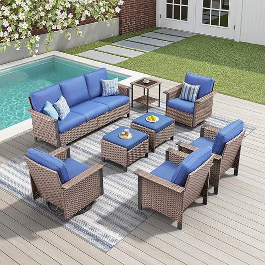 Outdoor Patio Furniture Set Swivel Chairs-8 Pieces All-Weather Wicker 3 Seater Sofa with 2 Ottomans Rattan Side Table, Wicker Sofa Outdoor Furniture for Porch Deck Backyard Brown/Blue