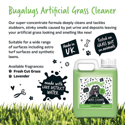 BUGALUGS Artificial Grass Cleaner - Dog Safe, Pet Disinfectant & Lawn Deodoriser - Puppy Urine Cleaner & Odour Eliminator - 1L Super Concentrate - Made in UK Cruelty Free (Fresh Cut Grass 1L)