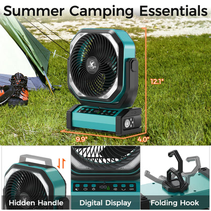 Camping Fan with Light - 20000mAh Rechargeable Battery Fan, 112Hrs Max Run Time, 8 Speeds, Digital Display, Timer, Auto Oscillation, 270° Pivot & Hook for Camping, Power Outage, Hurricane (Blue)