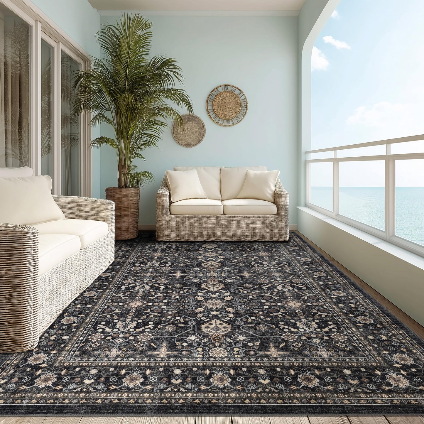 Ruaruarug Washable Area Rug 10x14 for Living Room, Bedroom, Ultra Soft Non Slip Stain & Fade Resistant, Pet & Kids Friendly, Suitable for High Traffic Areas Easy to Clean for Kitchen, Black Grey