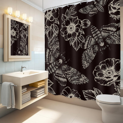 LGhtyro Gothic Skull Moth Halloween Shower Curtain Bathroom Set 60Wx71H Inches Witchy Scary Black Flower Death Head Mysterious Butterflys Bath Accessories Men Art Home Decor Fabric 12 Pack Hooks