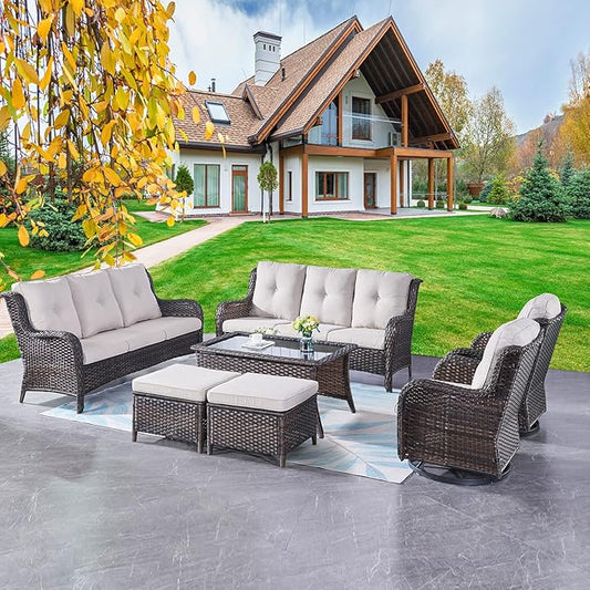 Rilyson Wicker Patio Furniture Set - 7 Piece Rattan Outdoor Sectional Conversation Sets with 2 Rocking Swivel Chairs,2 Ottomans,2 Sofa and 1 Coffee Table for Porch Deck Garden(Brown/Beige)