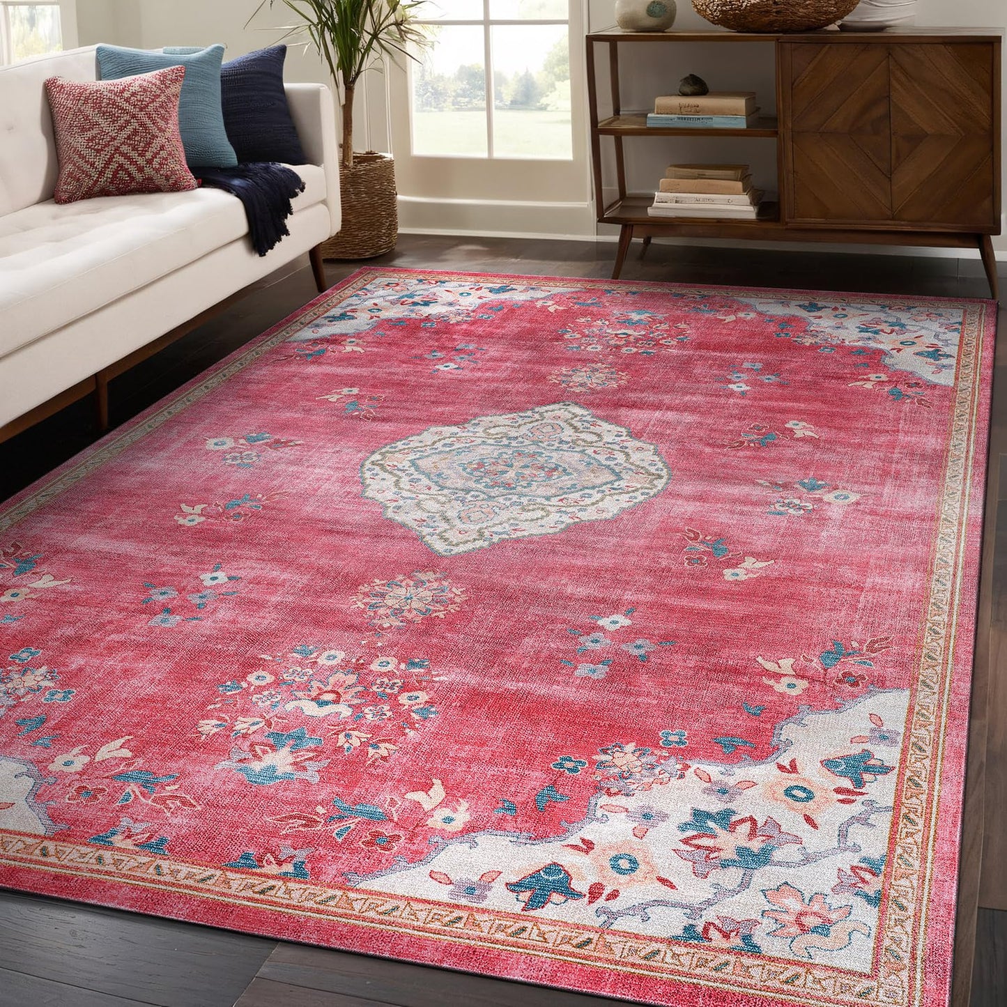 Beverly Rug Non Slip Rugs 5x7 Boho Medallion Floral Non Skid Rubber Backing Easy Silk Soft Area Rug for Living Room Easy to Clean Non Shedding Kitchen Bedroom Indoor Carpet (5 x 7 Fuchsia - Cream)