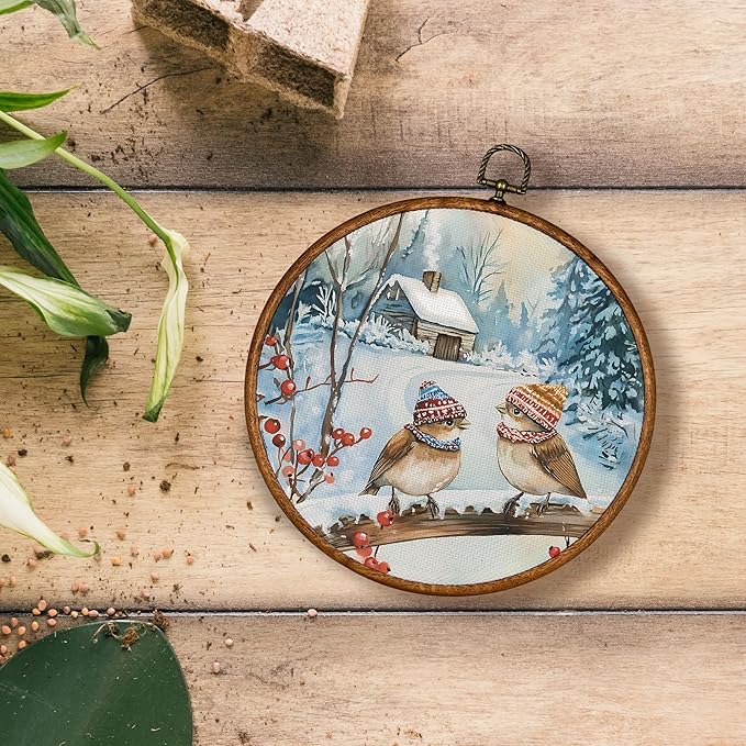 KSDUT Vintage Winter Wall Decor Art - Snowy Birds Wall Art Canvas Frame Hanging Prints, Retro Xmas Forest Woodland Wild Animal Round Wall Art Decor for Home Farmhouse Decorations 10"x10"