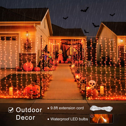 JMEXSUSS 300LED Orange Halloween Lights with Remote, 9.8x9.8ft Halloween Curtain Light, 8 Modes Orange Hanging String Lights Plug in for Fall Bedroom Thanksgiving Window Party Indoor Outdoor Decor