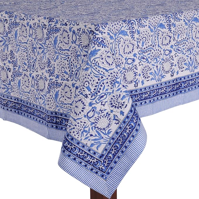 ATOSII Indigo Bloom 100% Cotton Spring Summer Tablecloth, Block Print Square Table Cover for Dining, Parties, Weddings, Outdoors, Grand Millenial Decor 60 X 60 Inches I 4 Seater