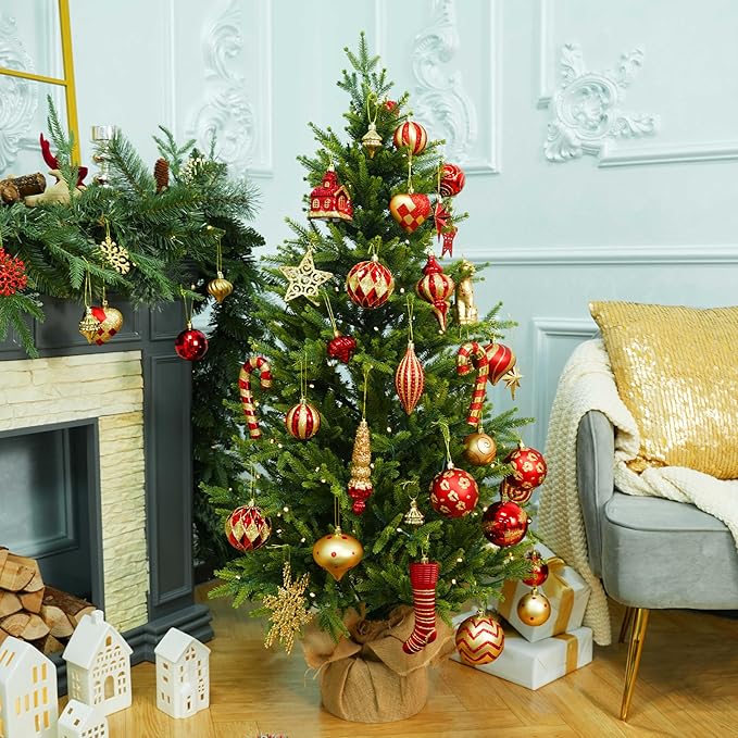 SHareconn 145pcs Christmas Balls Ornaments Set, Shatterproof Plastic Baubles Snowflakes, Stars and Tree Topper for Xmas Tree Holiday Wedding Party Decorations with Hanging Strings, Gold and Red